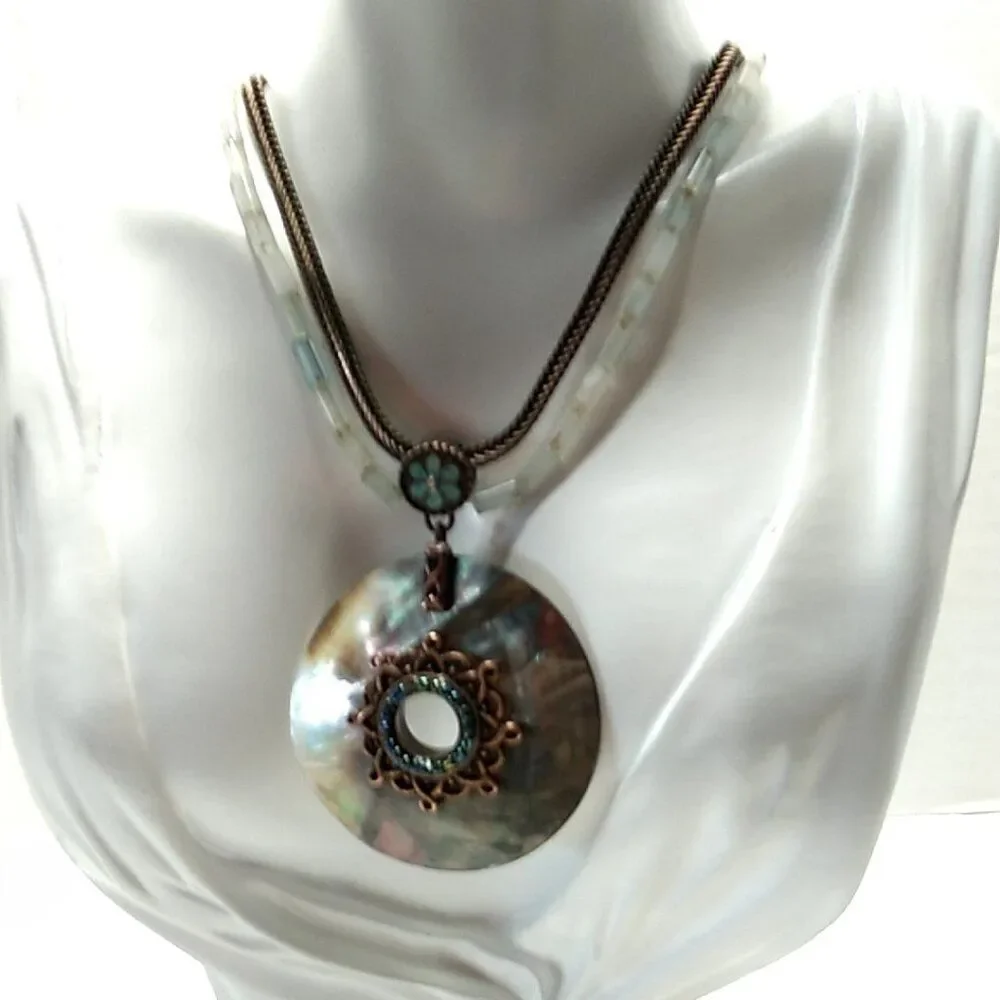 Vintage Avon Copper Abalone Shell Beaded Pendant Necklace